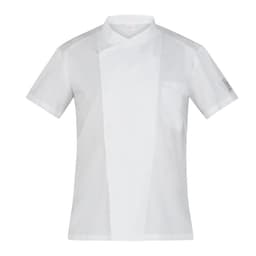 A white chef jacket featuring a crossover design and a pocket, with a logo on one sleeve.