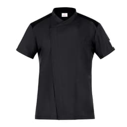 A black chef jacket featuring short sleeves, a wrap front design, and a pocket on the chest. It has a logo on the side.