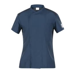 A navy chef jacket featuring short sleeves and a subtle collar design, with a pocket and logo on the sleeve.