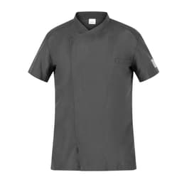 A grey chef jacket featuring a short-sleeve design and a chest pocket, with a logo on the sleeve.