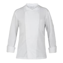A white chef jacket featuring a double-breasted design and long sleeves, with a single pocket and branding label.