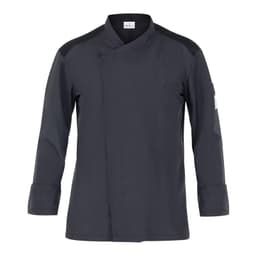 A chef jacket in black with a sleek design and a logo on the sleeve. Features long sleeves and a pocket.
