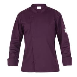 A purple chef jacket featuring long sleeves and a chest pocket, with a logo on the sleeve.