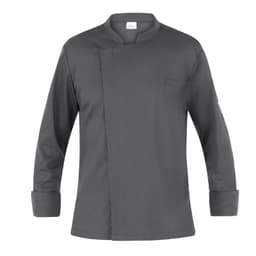 A grey jacket with a unique collar design, featuring long sleeves and a single chest pocket. Includes a logo on the sleeve.
