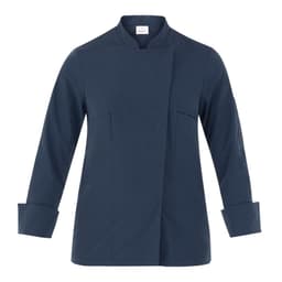 A navy blue jacket with a mandarin collar and long sleeves, featuring a front closure and two side pockets.