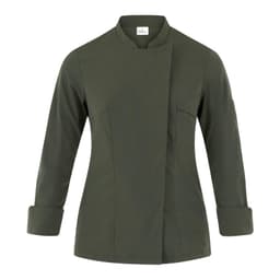 A stylish olive green jacket with a high collar and long sleeves, featuring a small logo.