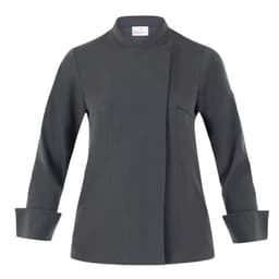 A grey jacket with a high collar and long sleeves, featuring a logo on the upper section.