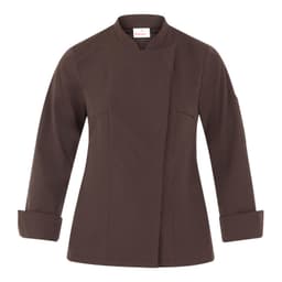 A brown jacket featuring a mandarin collar and long sleeves, with a logo on the upper section.