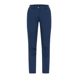 Navy blue trousers with a slim fit and classic pocket design. Features a waistband with a button and zipper.