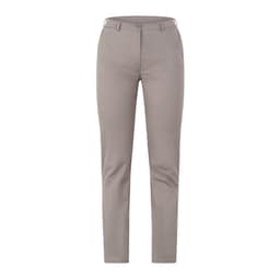 Light grey slacks with a fitted design and a waistband, featuring a button and zipper closure; includes a logo.