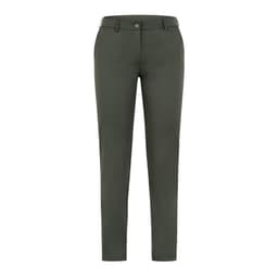 Brenda Trousers in a dark green colour, featuring a fitted design and front pockets. Includes a branding logo.