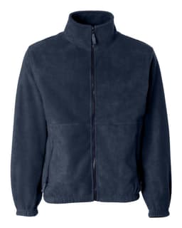 A navy full zip micro fleece jacket with a stand-up collar and zippered pockets. It features a logo on the jacket.