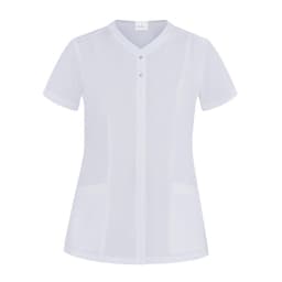 A white tunic with short sleeves, a button-up front, and two side pockets, featuring a logo.