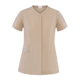 A light beige tunic with a short sleeve, featuring a buttoned neck and two front pockets. It has a logo.