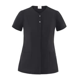A black tunic with a round neckline, short sleeves, and two front pockets, featuring a button closure.