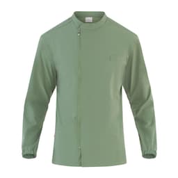 A green tunic with a zip front, featuring a chest pocket and a side pocket, designed for uniforms.