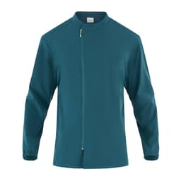 A teal tunic featuring a zip front and long sleeves, with a chest pocket and a branding logo.