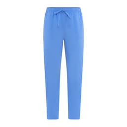 A pair of light blue pants with an elastic waistband and drawstring. Features side pockets and a relaxed fit.
