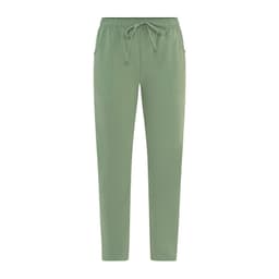 Green pants with an elastic waistband and drawstring, featuring side pockets and a relaxed fit.