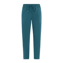 Teal pants with a drawstring waist and two side pockets, featuring a brand logo on the waistband.