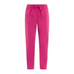 Bright pink pants featuring an elastic waistband and side pockets, with a simple branding logo present.