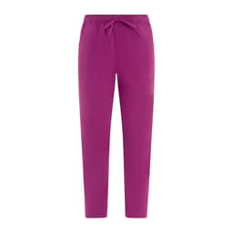 Bright pink pants featuring an elastic waistband and drawstring, with two front pockets. Includes a logo on the side.