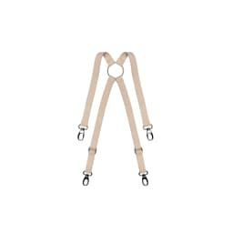 Beige apron braces with metal clasps, designed for securing aprons. Features an adjustable design.