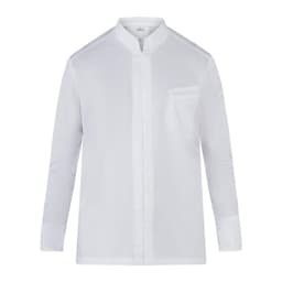 A white long-sleeve shirt with a mandarin collar and a small chest pocket, features a logo on the label.