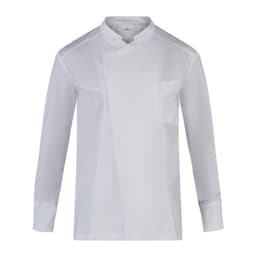 A white chef jacket with long sleeves, featuring a stylish design and a chest pocket. It has a logo on it.