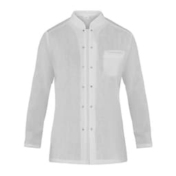 A white jacket with long sleeves, a mandarin collar, and a pocket on the left chest. It features a button-up front and a logo.
