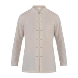 A beige jacket with a buttoned front, long sleeves, and a single chest pocket. It features a branding logo.