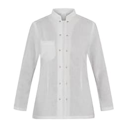 A white Alba Jacket featuring a stand collar and pearl buttons, designed for a stylish look.