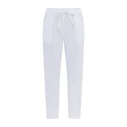 White pants with a drawstring waist and side pockets. Features a logo on the waistband.