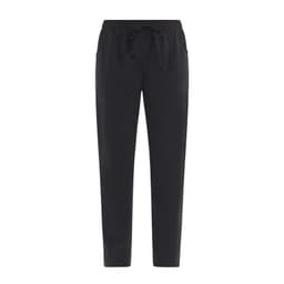 Black pants featuring an elastic waistband and drawstring, with two side pockets. The product has a logo.