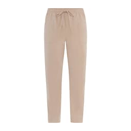 Beige pants with an elastic waistband and drawstring, featuring two front pockets and a simple design.