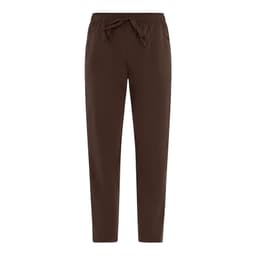 Brown pants with an elastic waistband and drawstring, featuring side pockets. Includes a logo.