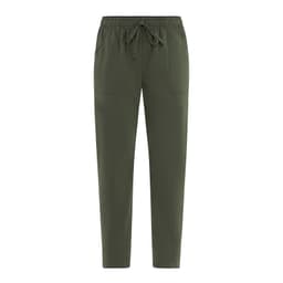 A pair of olive green pants with an elastic waistband and side pockets, featuring a logo on the waistband.