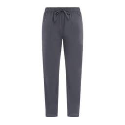 Grey casual pants with a drawstring waist and two front pockets, featuring a logo on one side.