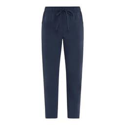 Navy blue pants with a drawstring waist and two front pockets. Features a logo on the front.