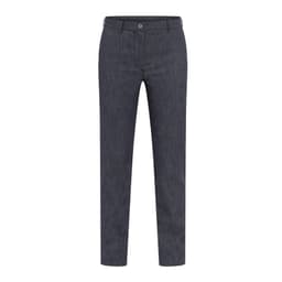 Dark grey slacks with a straight fit and a button closure, featuring a branding logo on the waistband.