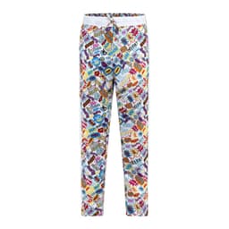A pair of colourful sports shorts featuring a vibrant pattern with various graphics and a logo.