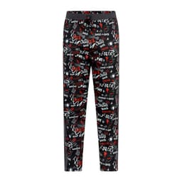 A pair of black sports shorts featuring a bold rock-themed graphic print in red and white, with an emblem on the waistband.