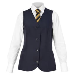 A navy vest with a button front, paired with a white shirt and a striped tie, featuring a logo.