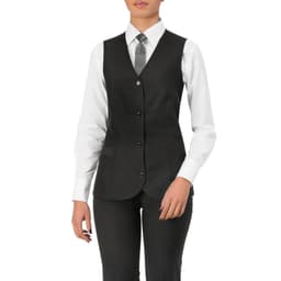 A black vest worn over a white shirt and tie, featuring a fitted design and three buttons. Branding is visible.