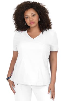 A white V-neck top with short sleeves, featuring a slight wrap design and a logo on one side.