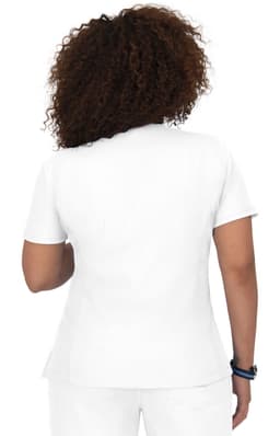 A white short-sleeved top with a rounded collar, viewed from the back. It features a logo on the back.