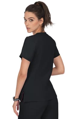A black medical top featuring a fitted design, short sleeves, and a logo on the back.