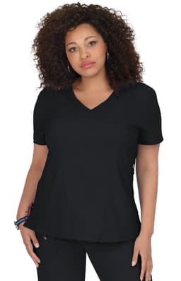 A black women's top with a V-neck and short sleeves. It features a logo and has a relaxed fit.