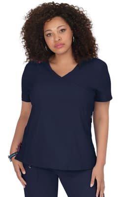 A navy blue short-sleeve top with a V-neck design, featuring a logo on one side.