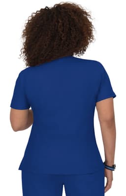 A women's top in vibrant blue, featuring a short-sleeve design and a simple cut, with a logo on the back.